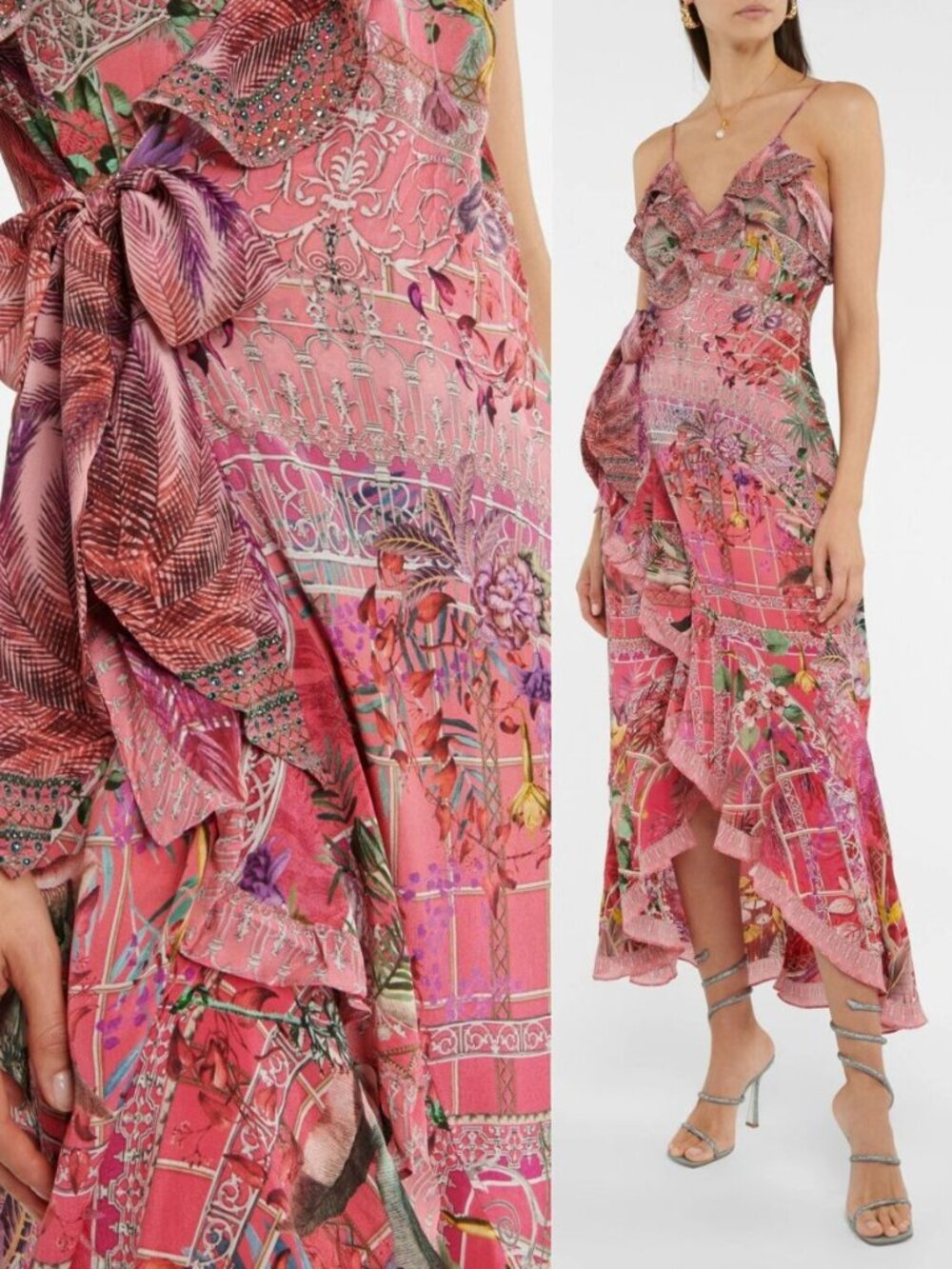 Camilla Long Wrap‎ Midi Dress Glasshouse Romance Pink Frill Rhinestone Size XXS - Picture 11 of 13